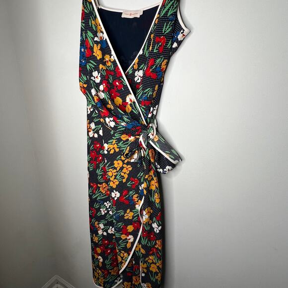 Tory Burch Navy Blue Polka Dot Floral Grotto Wrap Dress Size 14 - Picture 4 of 10